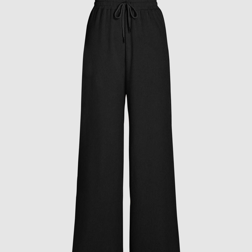 SOLID RIB DRAWSTRING WIDE LEG PANTS